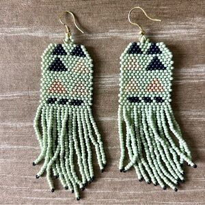 Beaded Fringe Earrings in Mint and Navy